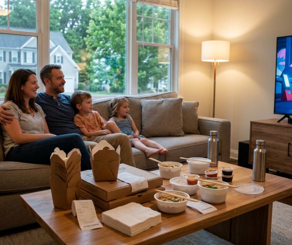A family of four sits on a couch, watching a large television screen in a cozy living room setting